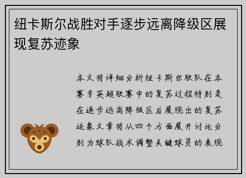 纽卡斯尔战胜对手逐步远离降级区展现复苏迹象