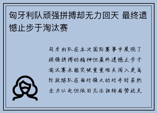 匈牙利队顽强拼搏却无力回天 最终遗憾止步于淘汰赛