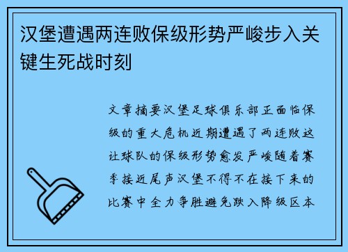 汉堡遭遇两连败保级形势严峻步入关键生死战时刻