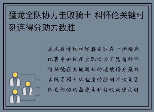 猛龙全队协力击败骑士 科怀伦关键时刻连得分助力致胜