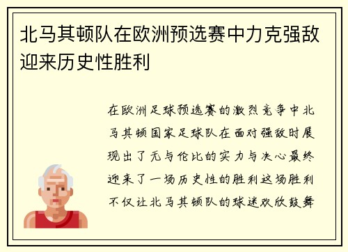 北马其顿队在欧洲预选赛中力克强敌迎来历史性胜利