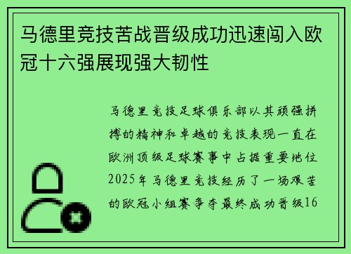 马德里竞技苦战晋级成功迅速闯入欧冠十六强展现强大韧性