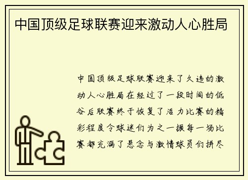 中国顶级足球联赛迎来激动人心胜局