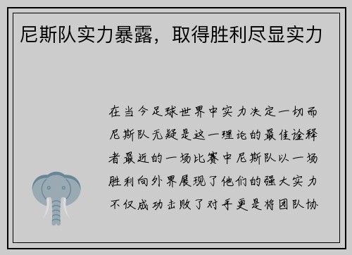 尼斯队实力暴露，取得胜利尽显实力