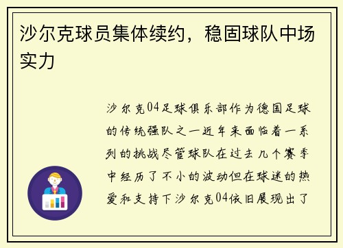 沙尔克球员集体续约，稳固球队中场实力