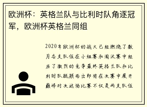 欧洲杯：英格兰队与比利时队角逐冠军，欧洲杯英格兰同组