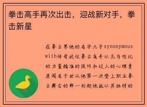 拳击高手再次出击，迎战新对手，拳击新星