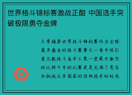 世界格斗锦标赛激战正酣 中国选手突破极限勇夺金牌