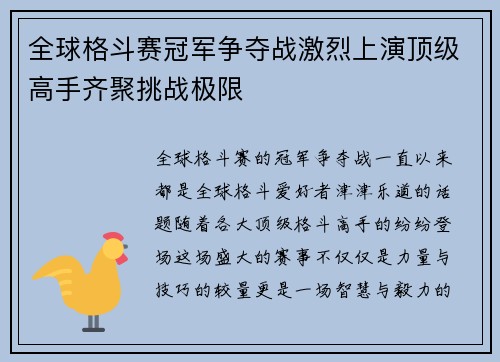 全球格斗赛冠军争夺战激烈上演顶级高手齐聚挑战极限