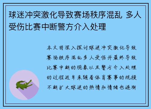 球迷冲突激化导致赛场秩序混乱 多人受伤比赛中断警方介入处理