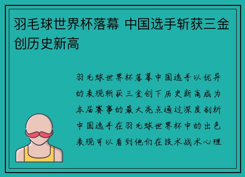 羽毛球世界杯落幕 中国选手斩获三金创历史新高